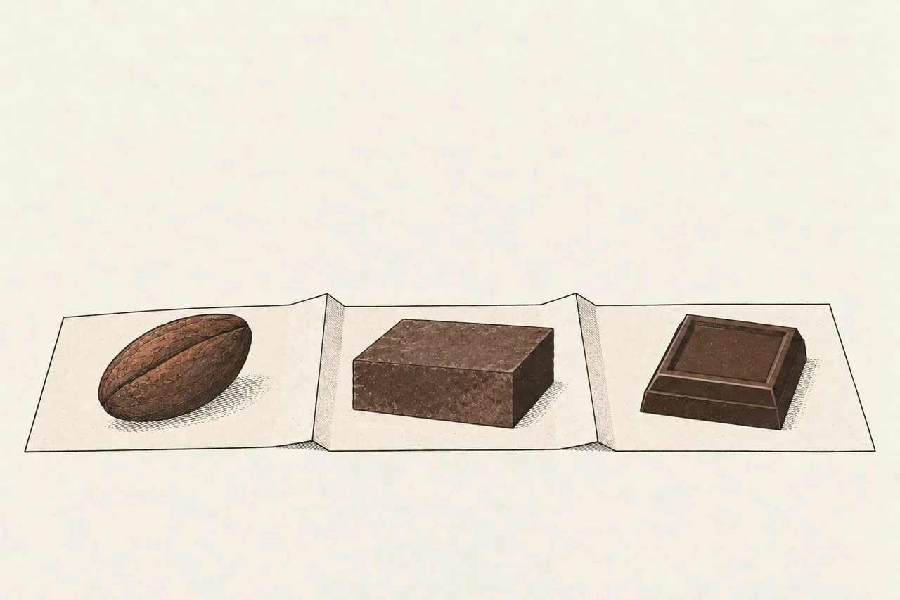 Eine Kakaobohne, ein kompakter Kakaoblock und ein segmentiertes Stück Schokolade liegen auf drei gefalteten Papierflächen.